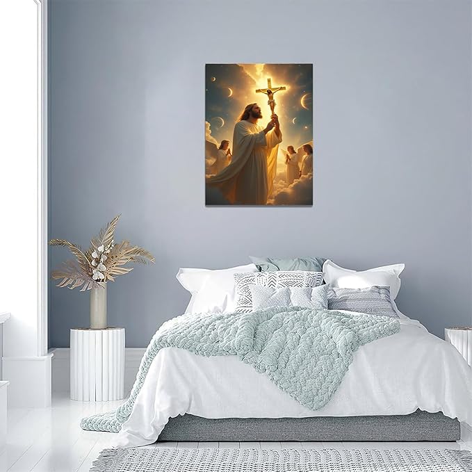 Christian Wall Art Print, Religious Scripture Biblical Decor, Faith-Based Inspirational Landscape with Cross, Digital Printed Canvas Poster for Church, Home Chapel, Prayer Room Decor
