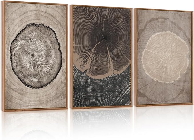 CHDITB Tree Ring Wall Art Set of 3, 24"x36" Large Modern Wood Stump Wall Decor, Abstract Black and White Wall Painting, Neutral Nature Art Print for Living Room, Bedroom, Office, Dinning Room