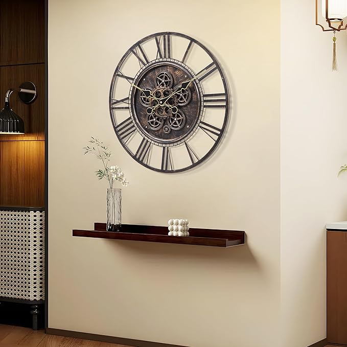 Moving Gear Large Wall Clock 24inch/60cm Copper, Decorative Wall Clocks for Living Room, Unique Farmhouse Steampunk Metal Wall Clock Decor, Office Wall Clocks