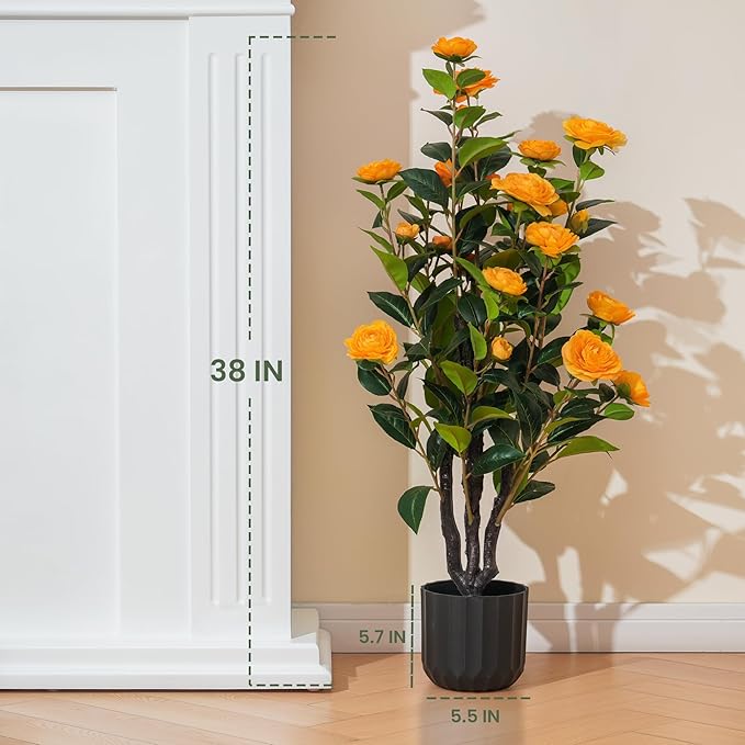 3.2FT Artificial Camellia Trees, Orange Silk Flowers, Indoor Faux Plants with Realistic Trunk in Black Cement Pot for Home House Living Room Bedroom Office Decor, 2pcs
