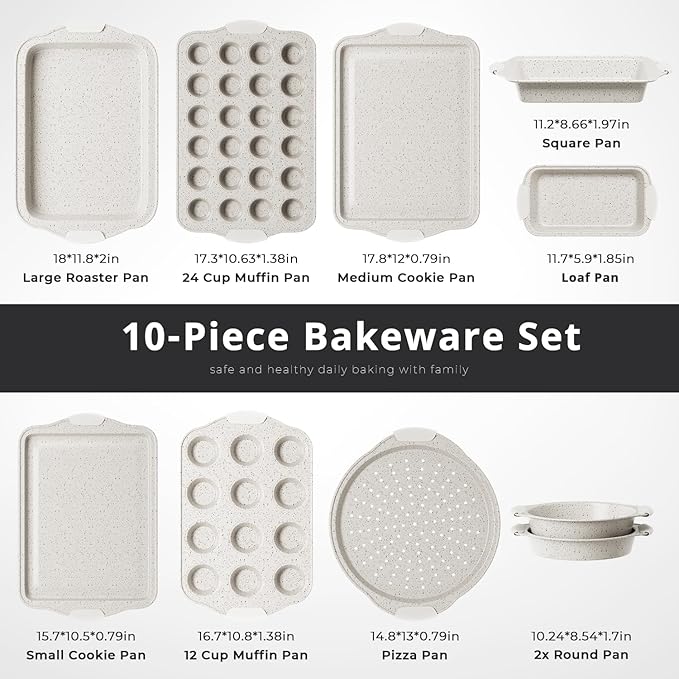 10-Piece Kitchen Nonstick Stackable Bakeware Set, Non Toxic Bakeware Sets with Silicone Handles, Includes Cookie Sheets, Cake Pan, Loaf Pan, Pizza Pan, Muffin Pan, White