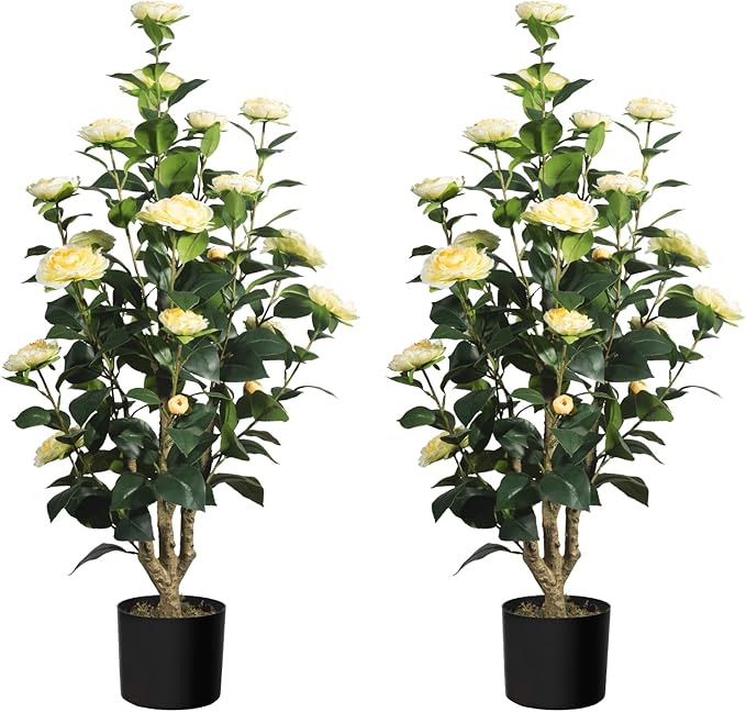 Romantic Season 2Pack Artificial Camellia Tree, 3FT Yellow Faux Camellia Plant for Modern Home, Office & Living Room Floor Decor