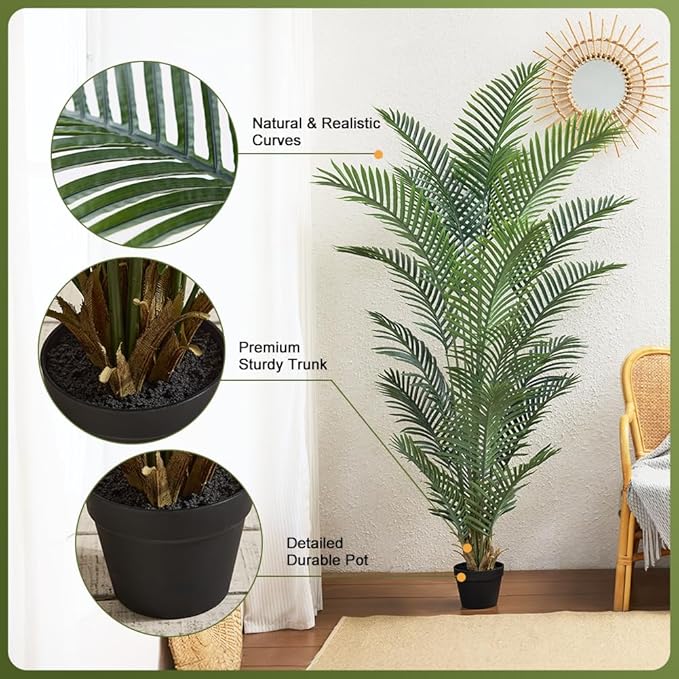 Artificial Palm Tree, 6FT Tall Fake Palm Trees with UV Resistant Leaves, Potted Faux Areca Palm Plant for Indoor Outdoor, Large Floor Plants for Home Living Room Porch Decor, 2Pcs - VN125