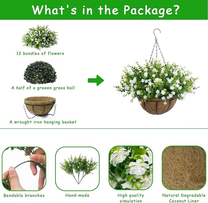 Artificial Hanging Flowers Basket, 12 UV-Resistant Bundles of Realistic Fake Flowers, Faux Plants for Outdoor Decor, Home, Garden, Porch, Patio, Spring & Summer Decorations, White