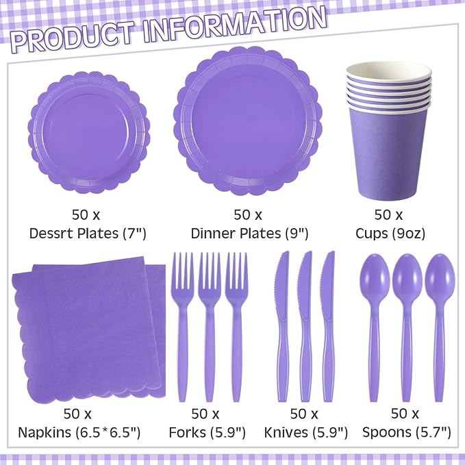 350 Pcs Purple Plates and Napkins, 50 Guest Lavender Party Supplies Include Scalloped Paper Plates Napkins Cups Plastic Spoons Forks Knives Disposable Tableware Set for Baby Shower
