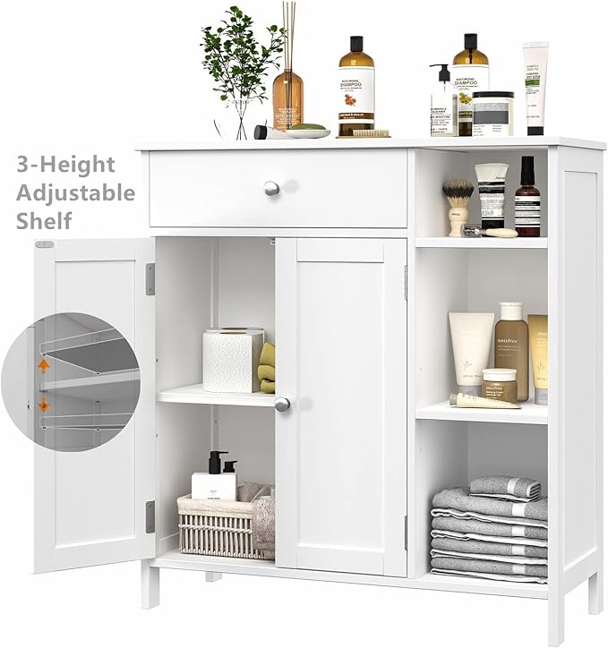 Irontar Bathroom Cabinet with Doors, Bathroom Floor Cabinet with Drawer & Adjustable Shelf, Kitchen Cupboard Storage for Living Room, Entryway, White