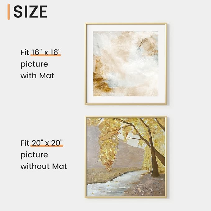 20x20 inch Metal Picture Frame - Thin Aluminum Square Photo Frames with 16x16 Removable Mat - High Definition Plexiglass - Vertical and Horizontal Display - Wall Hook Hanging Hardware Included - Gold, Set of 4