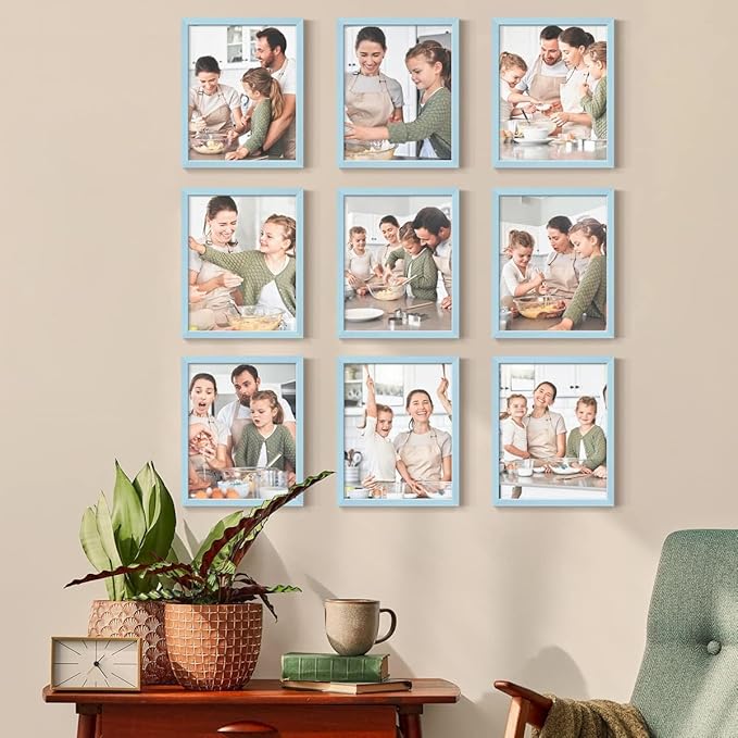 Renditions Gallery Set of 9, 11X14 Custom Photo Prints with Real Wood Picture Frames. Create Personalized Photos with Peel & Stick Photo Frames. Blue Frame