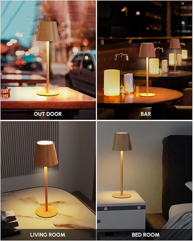 Maksone 2 Pack LED Cordless Table Lamp, 6600mWh Rechargeable Battery Desk Lamp, 3000K Stepless Dimming Night Light, IP54 Waterproof Metal Outdoor Portable Lamp for Bedroom, Restaurant(Wood Grain)