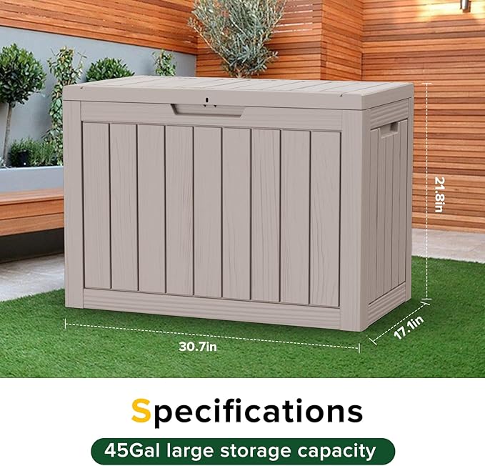 ROJIK Outdoor Storage Housing Deck Box - Waterproof Patio Furniture, Garden Tools, Cushions, Pool Accessories Storage Bench with Lockable Lid and Side Handles (Grey 48 Gal)
