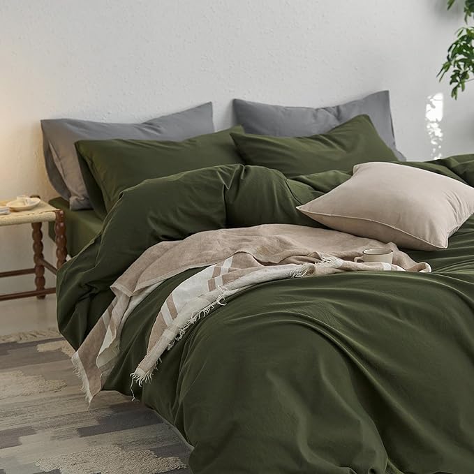 MooMee Queen Duvet Cover Set, 100% Washed Cotton Linen Like Twill Thick Sturdy Material Super Soft Breathable Durable Bedding for All Season, 3 Pieces (Olive Green, Queen 90"x90")