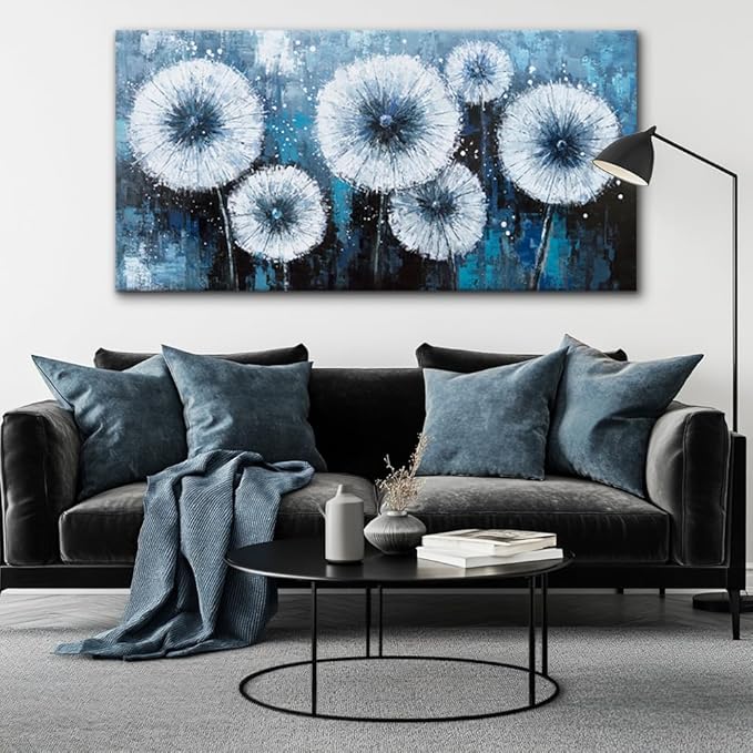 Modern Dandelion Wall Art for Living Room Office Navy Blue White Floral Canvas Painting Prints Large Flower Artwork Kitchen Bedroom Decor (23x46 Inches)