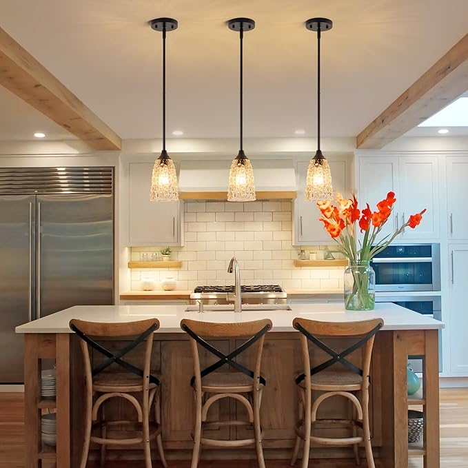 Glass Pendant Lights Kitchen Island, 1-Light Modern Black Pendant Light Fixtures with Hammered Clear Glass and Rods, Farmhouse Mini Hanging Light for Kitchen Sink Dining Room Bedroom, E26