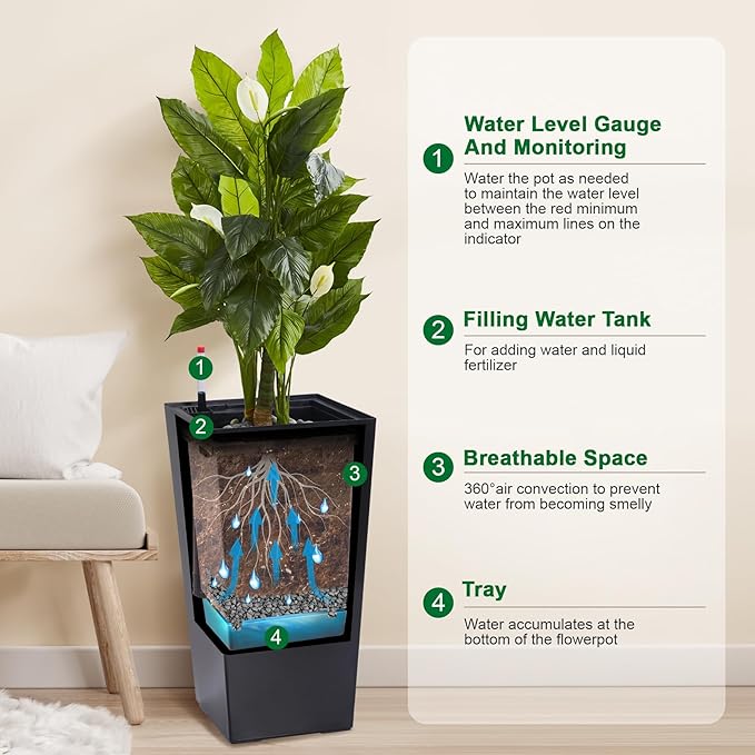 GAOMON 23" Tall Planters Set of 2, Outdoor＆Indoor Black Planter Pots, High Front Porch Planter Pots with Drainage Holes＆Water Level Monitor＆Inner Bucket, Automatic Watering, Convenience Instill