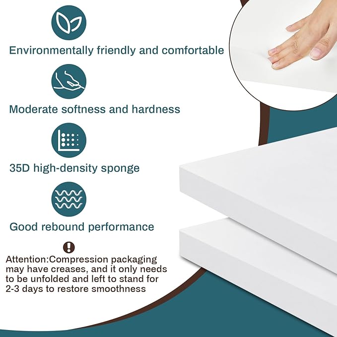 Frienda 2 Pack 2" x 22" x 22" Upholstery High Density Foam Cushion Replacement Square Cut to Size Foam Couch for Chair Couches Padding Shipping Packing DIY Cosplay Projects