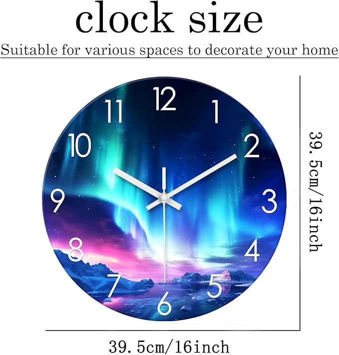 XNM Aurora Turquoise Clocks for Living Room Glass Round Big Wall Clock Silent Modern Wall Clocks Battery Operated 16 Inch