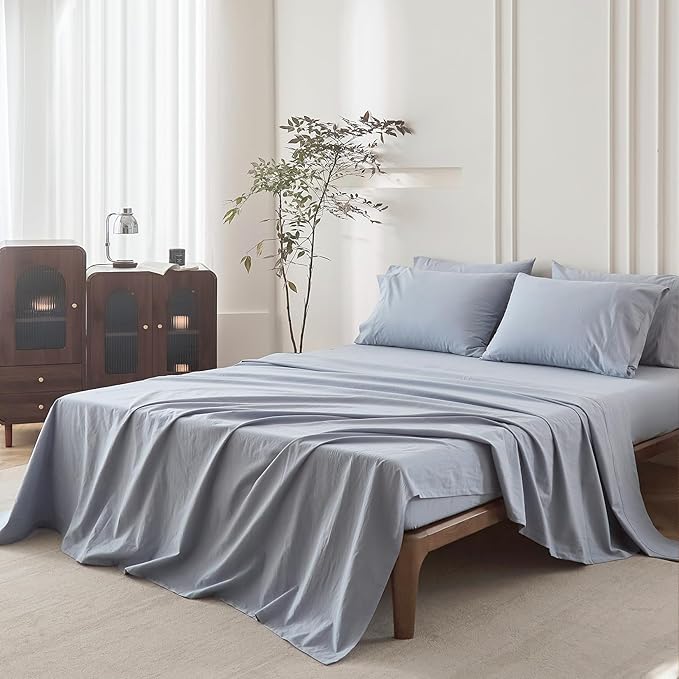 6PS Linen Like Bedding Sheet Sets Cornflower Blue Cotton Bedding Set Oeko-TEX Standard 100% Washed Cotton Deep Pocket Queen Size Fitted Sheet Plus Cozy Flat Sheet and 4 Pillowcases