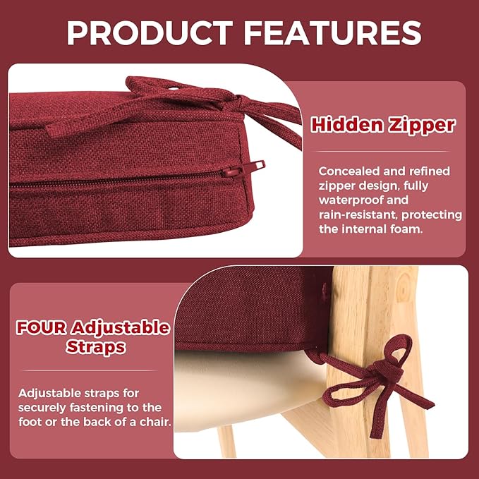 Outdoor Chair Cushion 18 x 18 x 3 Inch, Waterproof & 3-Year Fade Resistant Patio Furniture Cushions, Removable Cover and Adjustable Ties for Garden Sofa Couch (Red)