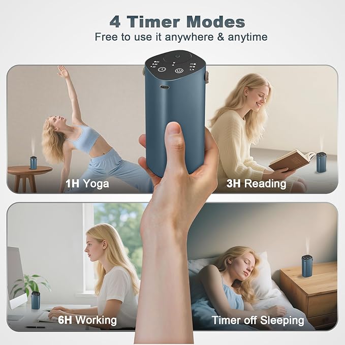 Waterless Essential Oil Diffuser for Car & Home，Aromatherapy Diffuser with 4 Timer（1/3/6/Off,3 Mist Mode,Battery Operated, Scent Air Diffuser for Bathroom Office, Small Aroma Diffuser Greyblue