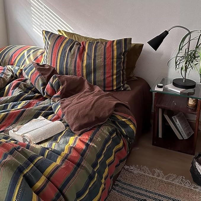 VM VOUGEMARKET Multicolor Striped Duvet Cover Queen Size Washed Cotton Jacquard Stripes Bedding Duvet Cover Set - Cozy Stylish Bedding for Men & Women
