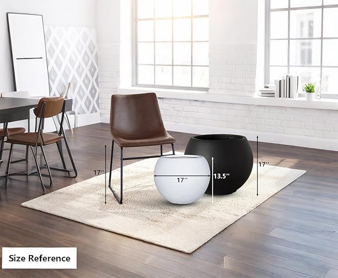 13.5 H x 17" Dia (12" Pot Opening) White Round Fiberstone Tall Planter with Drainage Hole, Indoor/Outdoor Large Plant