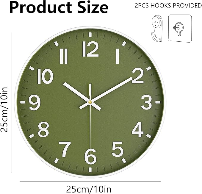 Modern Wall Clock, 10 Inch Digital Wall Clocks Battery Operated, Round Non Ticking Silent Analog Clock for Bedroom Living Room Kitchen Office Gym Classroom Decor, Olive Green