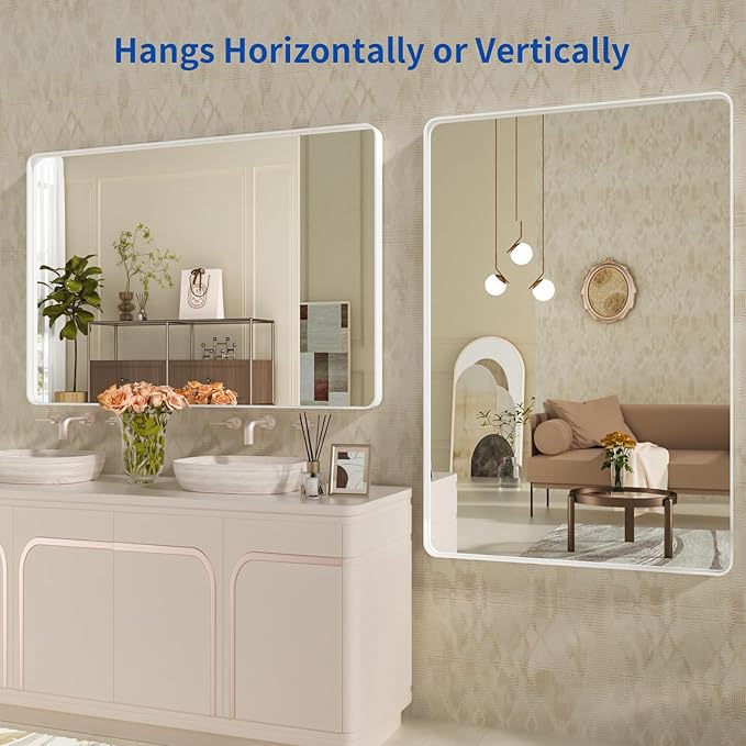 WEER White Bathroom Mirror 48X30 Inch, Rounded Rectangle White Metal Frame Mirror, Matte White Bathroom Vanity Mirror with Tempered Glass, Anti-Rust, Hangs Horizontally or Vertically