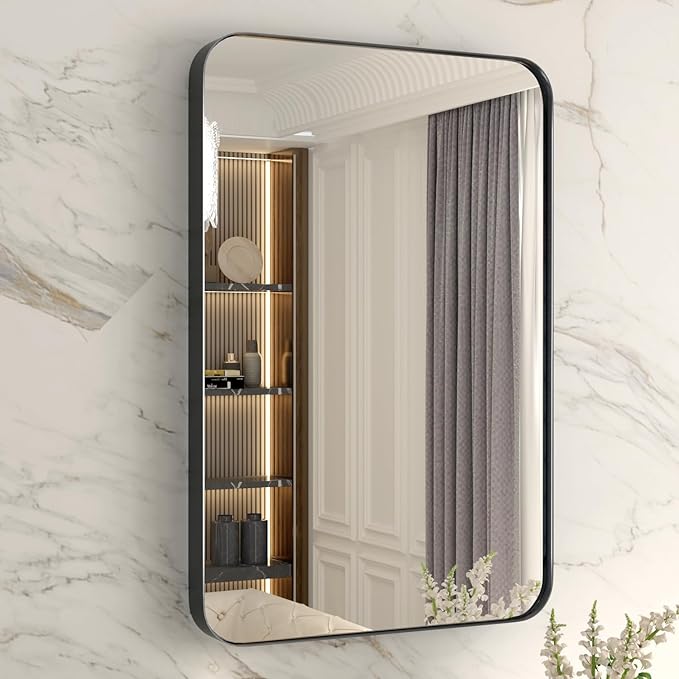 24x36 Inch Black Bathroom Mirror, Brushed Metal Framed Rectangle Mirror with Rounded Corner, Black Bathroom Vanity Mirror for Bedroom or Living Room, Horizontal/Vertical