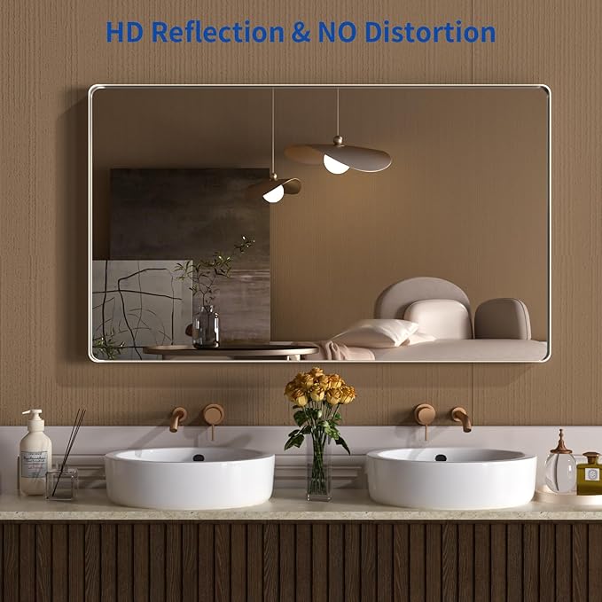 WEER 60X36 Inch Brushed Nickel Bathroom Mirror, Brushed Silver Metal Frame Mirror, Rounded Rectangle Silver Bathroom Vanity Mirror, Tempered Glass, Anti-Rust, Hangs Horizontally or Vertically