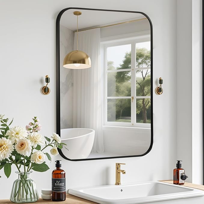 Black Bathroom Mirror, 24x36 Inch Aluminum Frame Rectangle Mirror, Anti-Rust, Tempered Glass, Wall Mirror for Over Sink, Vanity, Bedroom, Entryway, Horizontal/Vertical