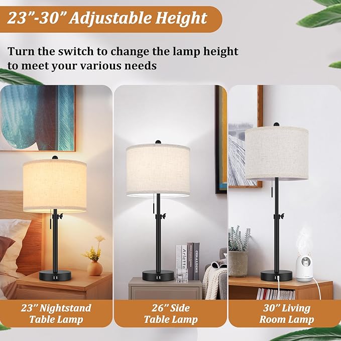 Adjustable Table Lamps for Bedroom Set of 2, 23''-30'' Height Adjusted Bedside Lamps with 2 USB Ports, Black Nightstand Lamps with Cream Linen Shade, Modern Industrial Living Room Lamp Set, Pull Chain