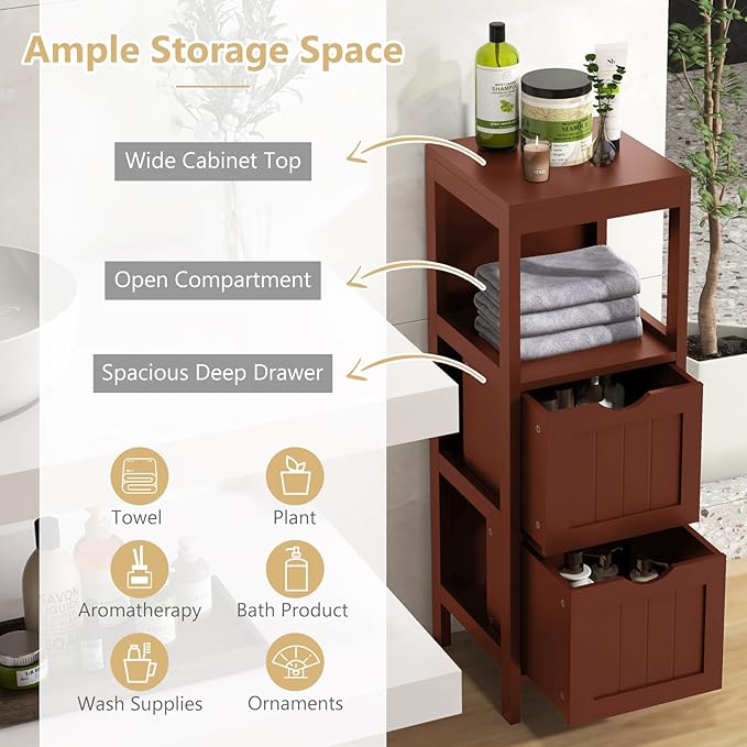 Tangkula Small Bathroom Storage Cabinet with 2 Removable Drawers, Wood Freestanding Floor Cabinet for Bathroom, Anti-Tipping Device, Side Corner Cabinet for Small Spaces (Brown)