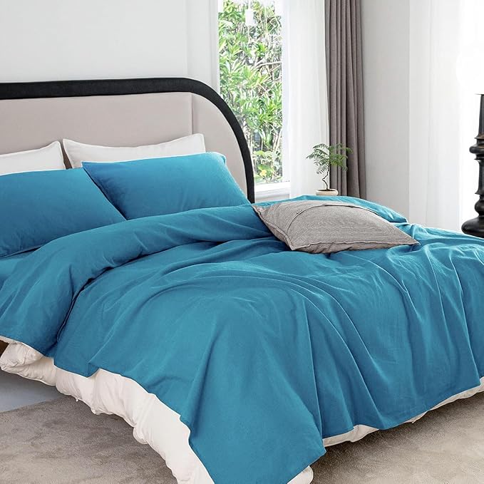 Talasily Linen Sheets-Queen Size Sheets Set,Blend from Linen Cotton Bedsheets,All Seasons Soft Breathable 4 Piece Set-Blue
