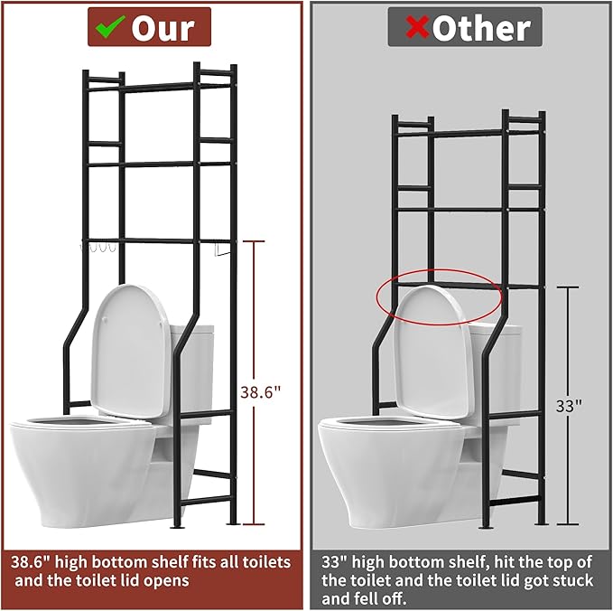 3 Tier Over The Toilet Storage Rack with 2 Basket, Metal Freestanding Bathroom Shelves Toilet with Paper Holder and 4 Hooks, Over Toilet Storage Shelf for Bathroom Storage, Black