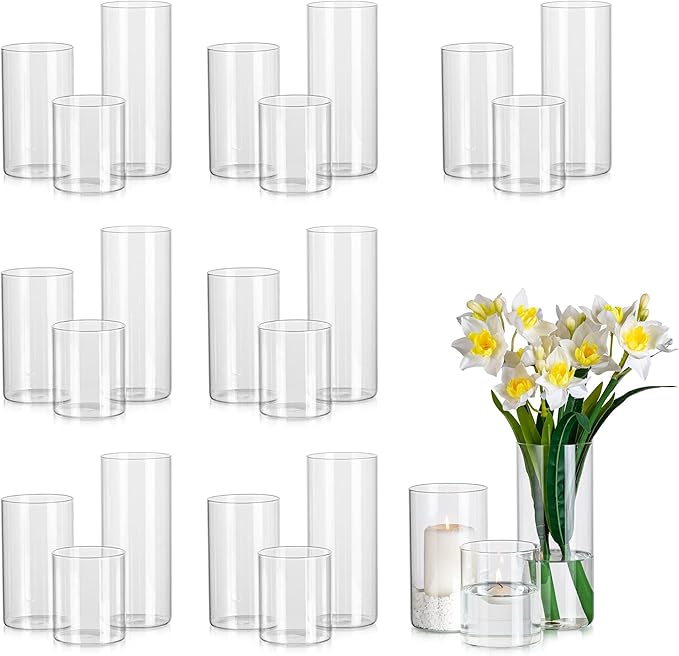 Glasseam Clear Cylinder Vases Set, 24Pcs Glass Vases for Centerpieces Bulk, Modern Floating Candle Holder for Decor, Hurricane Candle Holders for Wedding Table Decorations, 6"+8"+10"