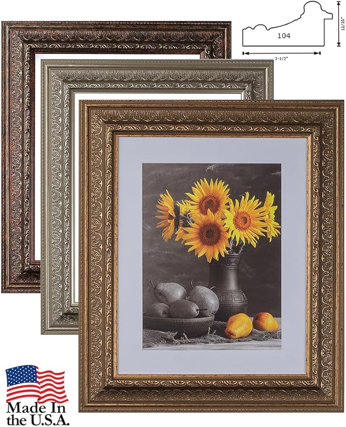 24x30 Picture Frame with Mat for 20x24 Picture. 24x30 Frame Matted to 20x24 Picture. 24 x 30 Poster Frame with Mat. 3-1/2" Wide Frames for 20 x 24 Prints with Mats. Gold Ornate 104. For Prints, Diplomas. Polystyrene-Quality Wood Frames Alternative.
