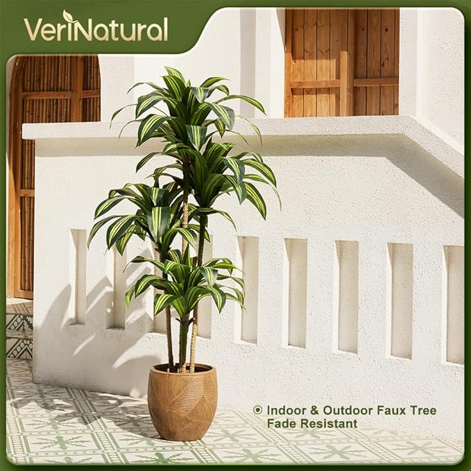Artificial Dracaena Tree 6FT - Tall Faux Floor Plant with UV-Resistant,Artificial Plants with Lifelike Leaves,Potted Fake Trees for Home, Living Room,Indoor & Outdoor Decor,VN123(Yellow)