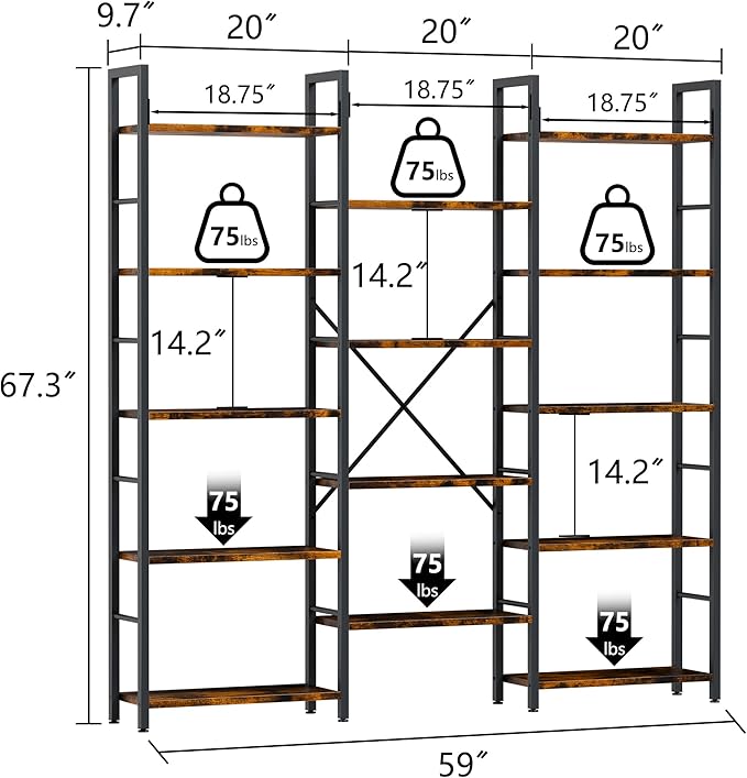 Shintenchi Triple 5 Tier Bookshelf, Industrial Large Bookcase with 14 Open Display Shelves, Large Etagere Bookshelf,Wide Book Shelf Book Case for Home & Office, Rustic Brown