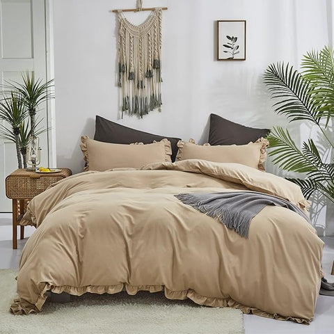 Luxlovery Champagne Ruffle Comforter Set Twin Light Khaki Bedding Comforter Farmhouse Shabby Beige Friange Quilts Blanket Soft Breathable Vintage Rustic Bedding Comforter Set for Women Men