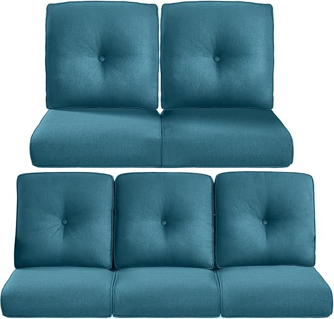 22x25/22x24 Outdoor Cushions for Patio 5 Piece Set - Set of 5 Water-Resistant Replacement Cushion for Rattan Dining Rocking Swivel Chairs Loveseat Couch Sectional Sofa - Peacock Blue/Button
