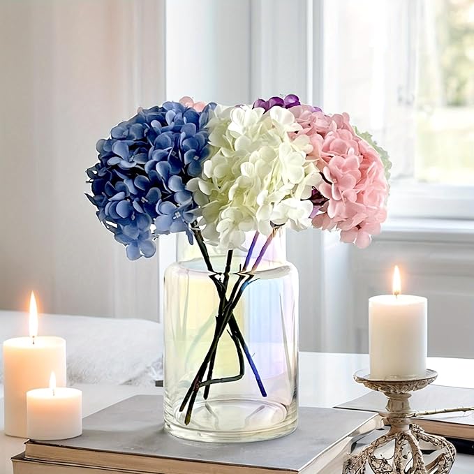 BLOFLO Iridescent Glass Vase, 9 Inch Large Glass Vase for Flowers, Modern Thick Glass Flower Vases for Centerpieces, Decorative Glass Cylinder Hydroponic Vase for Wedding, Home, Office