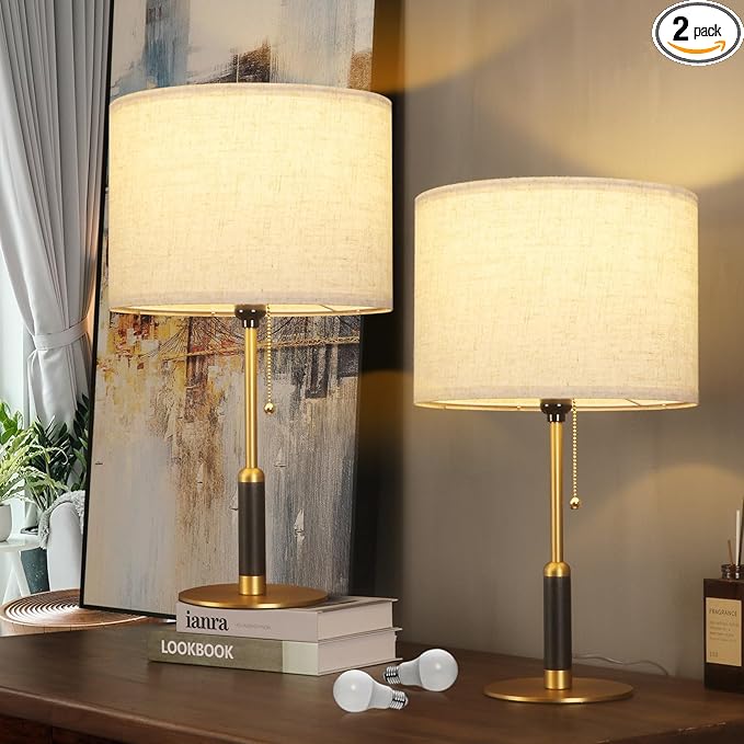 21" Set of 2 Modern Table Lamp Bedside Lamps for Bedroom Living Room Nightstand Lamp for End Tables 3-Color Temperatures Pull Chain Wood Fabric for Home Office Desk Decor (Light Brown+Brass)