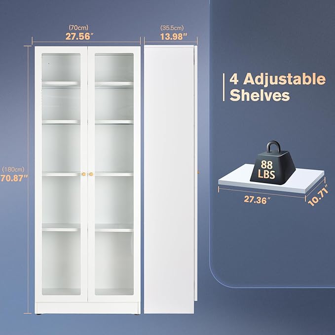 5 Tier Metal Curio Cabinets,Modern Bookcase Cabinet with Acrylic Door and 4 Adjustable Shelves, 70.87 Inch Tall Storage Cabinet Display Case, Dust Proof Display Cabinet for Home Office, Living Room