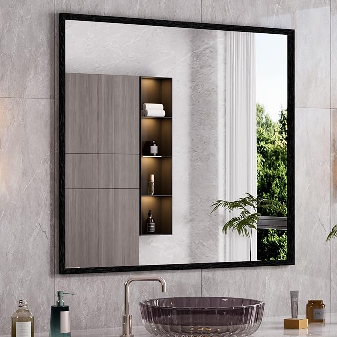 WEER Black Framed Mirror, 40X36 Inch Matte Black Wall Mirror for Bathroom, Rectangular Black Bathroom Vanity Mirror, Tempered Glass, Anti-Rust, Hangs Horizontal or Vertical