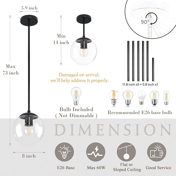 8 Inch Black Mid Century Pendant Light Globe Clear Glass Fixture Lights Kitchen Island Globe Pendant Light Mid Century Adjustable Hanging Farmhouse Lights Fixtures for Kitchen Island