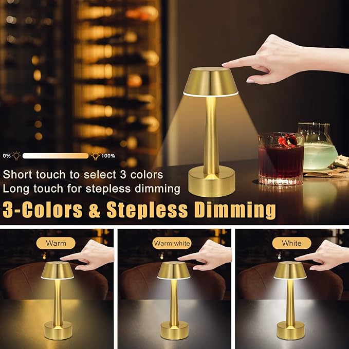 UMEXUS 2 Pack Rechargeable Small Cordless Table Lamp, LED Battery Operated Touch 3 Color Dimming Bedside Nightstand Desk Lamps Metal Portable Night Lights for Bedroom Bar Restaurant Outdoor Gold