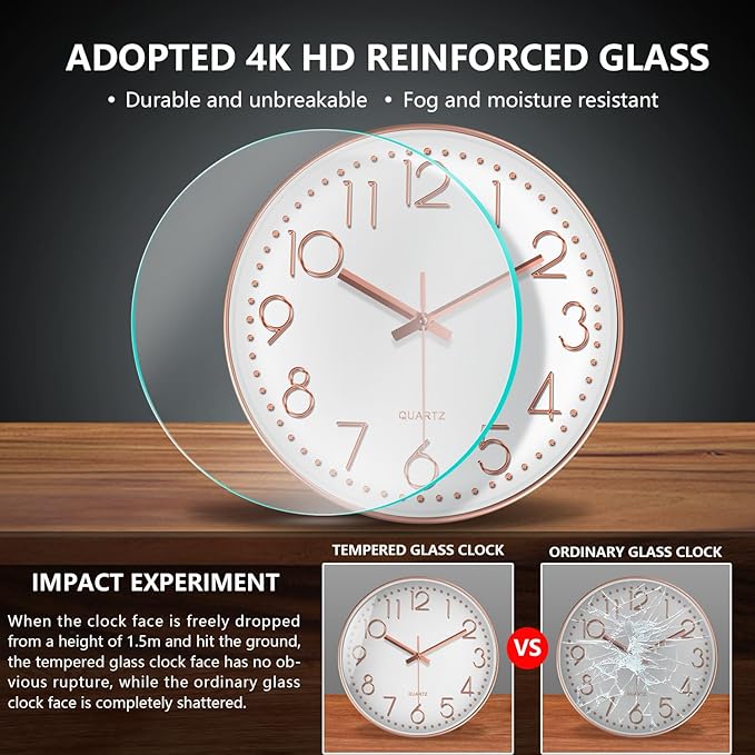 Modern Silent Wall Clock - 12 Inch Wall Clocks Battery Operated Large Number, Non-Ticking Analog Clock with Tempered Glass Quartz Clocks for Living Room Bedroom Office Kitchen, Rose Gold