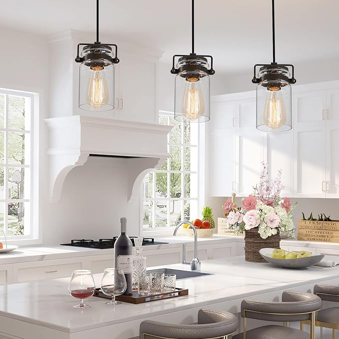 Pendant Lighting for Kitchen Island, Modern Glass Pendant Light Linear Chandelier for Dining Room, 1 Light Industrial Hanging Light Fixture Adjustable Cord Farmhouse Ceiling Light Black Finish