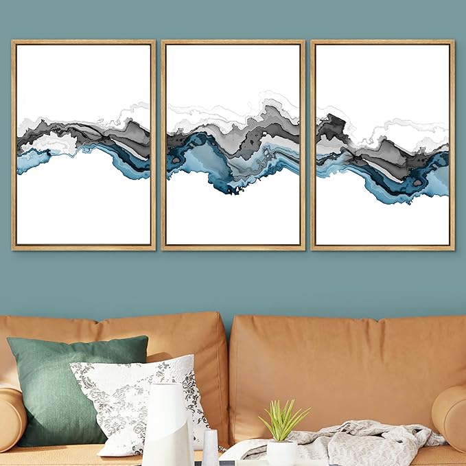 SIGNWIN Framed Canvas Print Wall Art Set Black Blue Smoke Wave Landscape Abstract Shapes Illustrations Modern Art Decorative Contemporary Colorful for Living Room, Bedroom, Office - 24"x36"x3 Natural