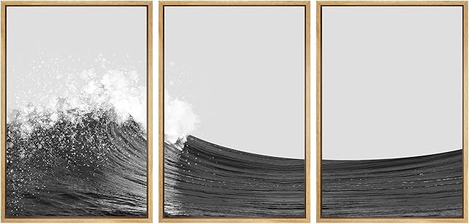 SIGNWIN 3 Piece Framed Canvas Wall Art Black and White Ocean Waves Nature Wilderness Illustrations Abstract Traditional Home Artwork Decoration for Living Room,Bedroom - 24"x36"x3 Natural